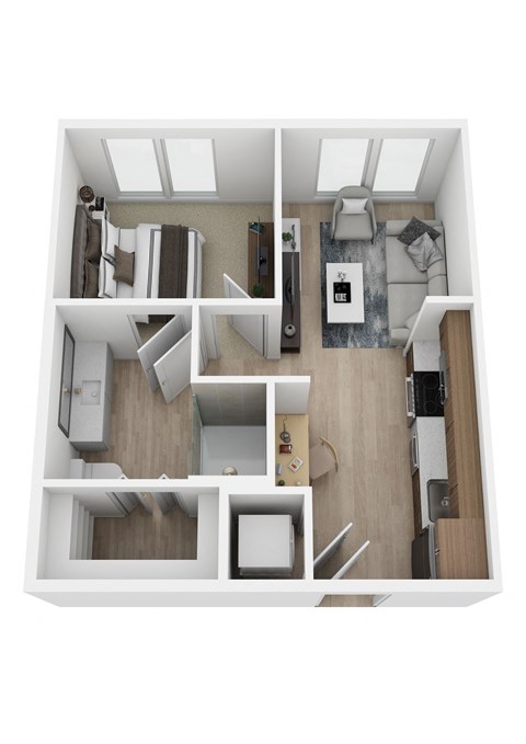 a stylized 3d floor plan of a102